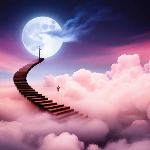 An image of a mysterious staircase leading to a floating cloud, adorned with symbols like keys, mirrors, and feathers