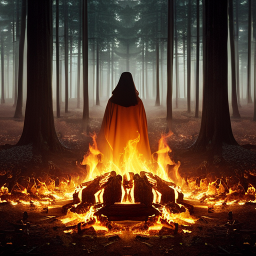 An image depicting a mysterious dream scene: A shadowy forest clearing with a bonfire at its center, surrounded by individuals wearing distinct tribal attire, symbolizing different clans