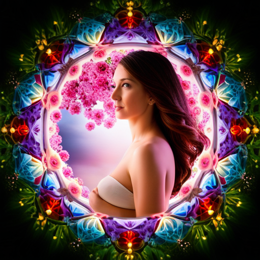An image that captures the ethereal essence of pregnancy dreams, depicting a serene, moonlit landscape adorned with vibrant blossoms and whimsical creatures, where a pregnant woman floats, surrounded by a kaleidoscope of vibrant, surreal dreams