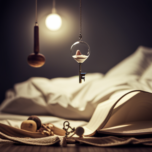 Create an image depicting a person lying in bed, surrounded by a surreal landscape of floating objects such as a key, a mirror, a feather, and an hourglass, symbolizing the enigmatic process of dream symbol formation
