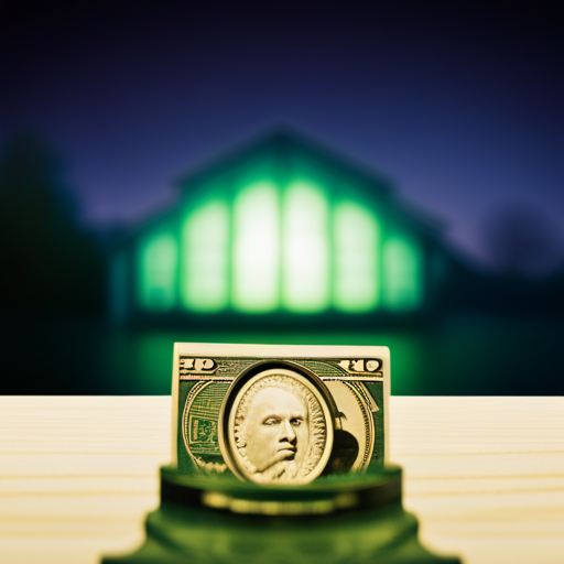 An image featuring a vibrant green light at the end of a dock, illuminating a luxurious mansion behind it