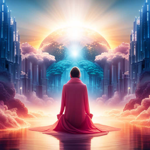 An image depicting a person surrounded by a vivid, ethereal dreamscape, with intricate symbols floating above