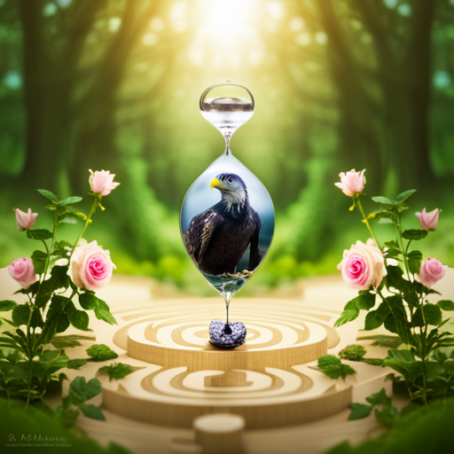 An image showcasing a serene dreamer, surrounded by a vivid array of symbolic elements: a soaring eagle, an hourglass dripping with sand, a blooming rose, and a mysterious labyrinth, all evoking curiosity and contemplation