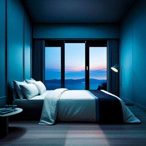 An image of a serene bedroom scene with a person peacefully sleeping, surrounded by soft blue walls, a dimly lit lamp casting a soothing glow, and a tranquil night sky outside the window