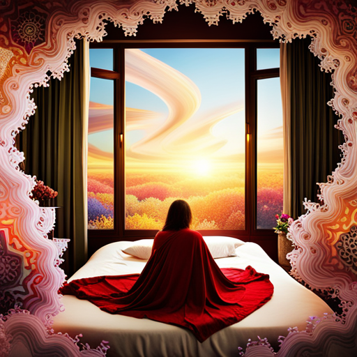 An image depicting a serene bedroom scene with a sleeping figure surrounded by a swirling kaleidoscope of vibrant and surreal dreamscapes, illustrating the challenges of coping with vivid dreams induced by Prograf