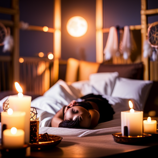 An image of a serene moonlit bedroom, adorned with dreamcatchers and flickering candles