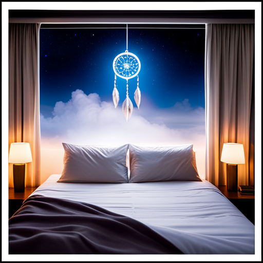 An image of a serene bedroom at night, adorned with ethereal moonlight gently cascading onto a dreamcatcher hanging above a bed