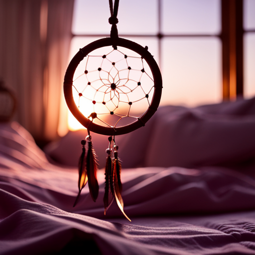 An image showcasing a serene bedroom scene, with a moonlit window casting a gentle glow on a dreamcatcher hanging above the bed, surrounded by a collection of soothing herbs and crystals