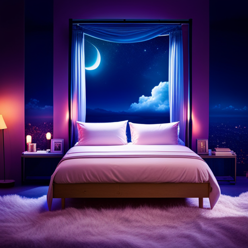 An image of a moonlit bedroom with a cozy, canopied bed