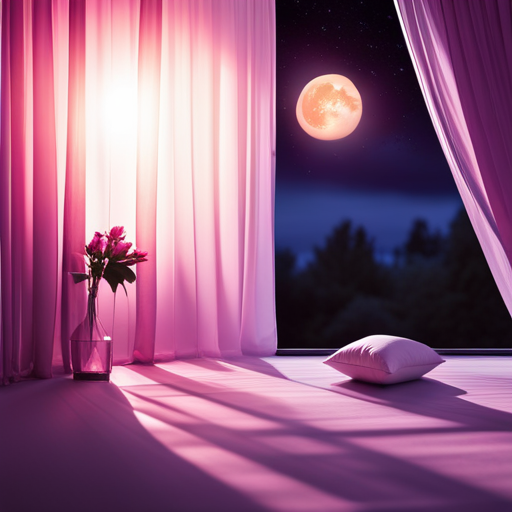 An image featuring a serene bedroom at dusk, with a full moon casting a soft glow through a sheer curtain