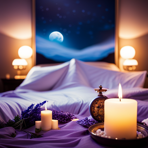 An image depicting a serene, moonlit bedroom with a billowing lavender-scented atmosphere