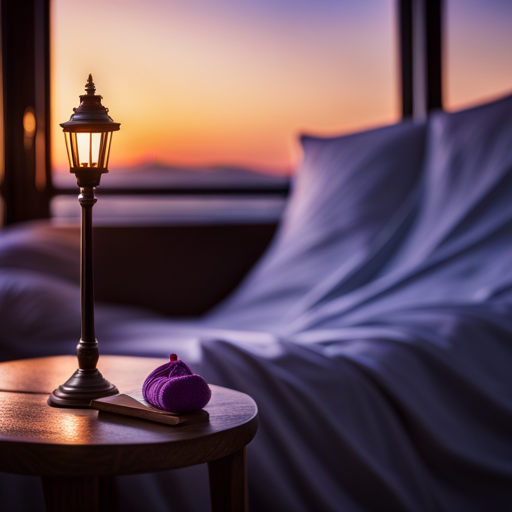 An image showcasing a serene bedroom scene with a dimly lit lamp casting a soft glow, a scented lavender sachet on the nightstand, and a cozy blanket tucked neatly under a plush pillow