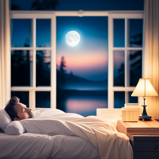 an image that depicts a serene bedroom scene with a peaceful moonlit sky outside the window