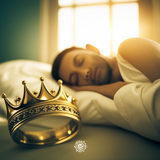 An image of a person peacefully sleeping in a sunlit room, their head adorned with a golden crown adorned with intricate dream-like symbols, while ethereal visions gracefully dance around them, symbolizing the power of harnessing prophetic dreams