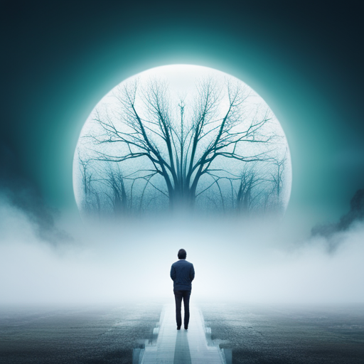An image of a person standing at a crossroads, surrounded by a dense fog