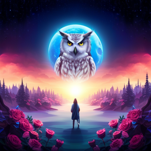 An image depicting a mesmerizing celestial landscape, where a majestic owl perched on a crescent moon guides a wanderer through a mystical forest filled with floating keys, mirrors reflecting hidden truths, and blooming roses symbolizing love and transformation