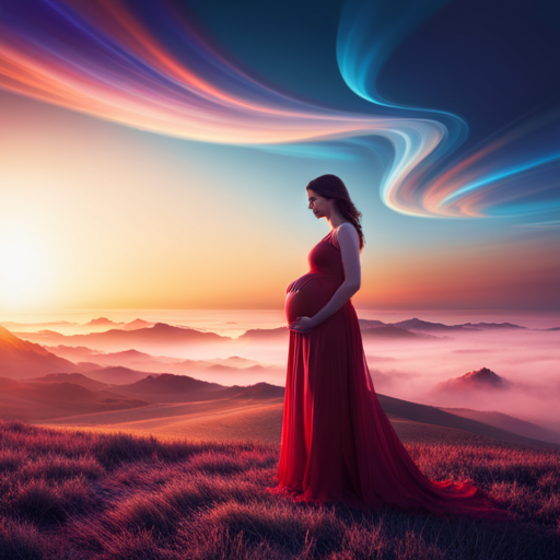 An image showcasing a serene, slumbering pregnant woman amidst an ethereal dreamscape, where vibrant colors dance across the sky, intertwining with whimsical shapes and fantastical creatures, evoking the enchanting realm of pregnancy vivid dreams