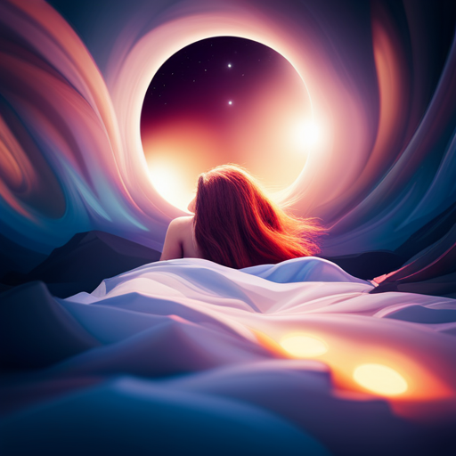 An image showcasing a serene bedroom scene at night, with a sleeping person surrounded by a colorful whirlwind of surreal and vivid dream-like images, symbolizing the exploration of different dream stages in Chapter 3 of Psychology