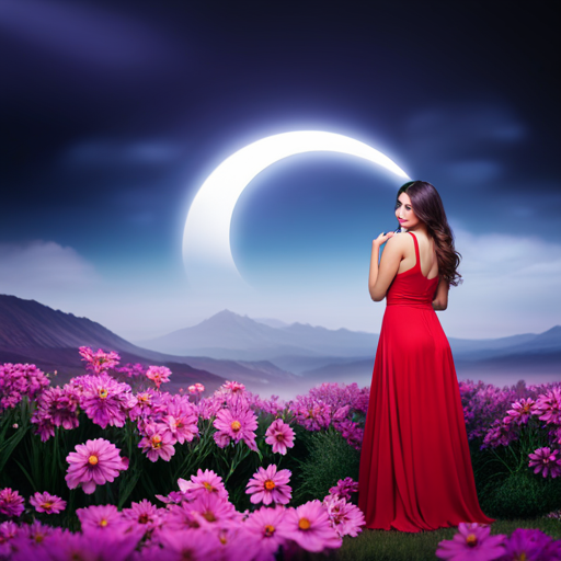 An image showcasing a dreamy atmosphere with a woman standing near a flowing river, surrounded by vibrant flowers