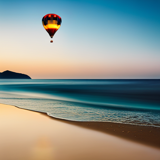 An image filled with symbols portraying your future dreams: a soaring hot air balloon floating above a serene beach, a mountain peak waiting to be conquered, a paintbrush capturing artistic aspirations, and a compass guiding towards endless possibilities