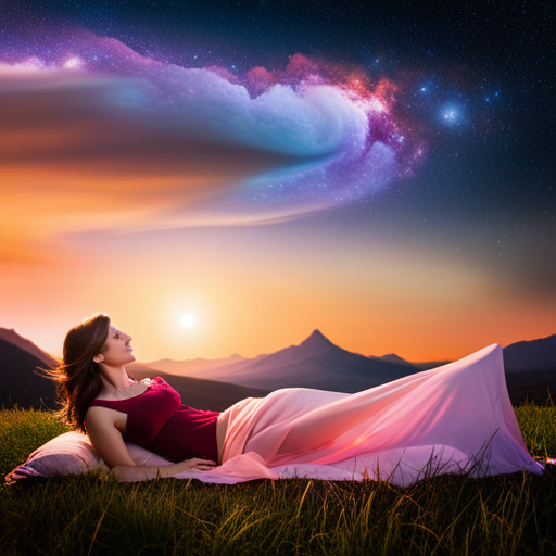 Rompt: A radiant, expectant mother lies peacefully amidst a celestial dreamscape, cradling her blossoming belly
