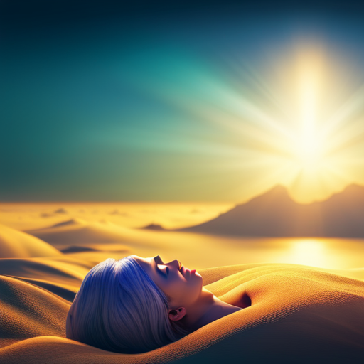 An image depicting a sleeping individual in a serene environment, surrounded by vibrant and surreal dreamscapes