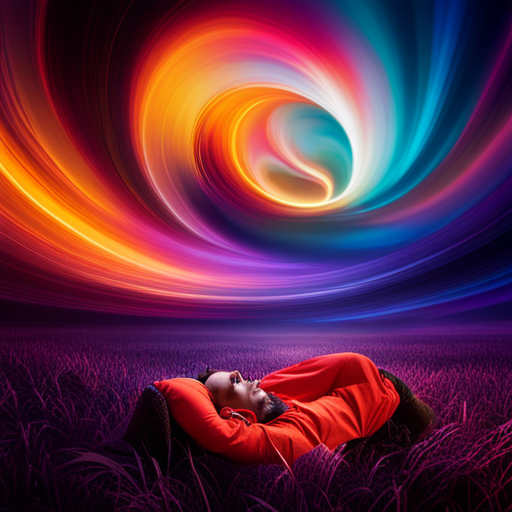 An image depicting a sleeping figure surrounded by a vibrant, surreal dreamscape