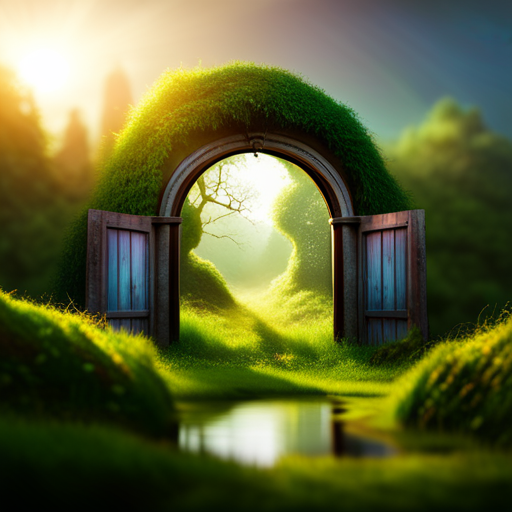 An image showcasing a moonlit forest clearing, with a mystical doorway adorned with intricate symbols