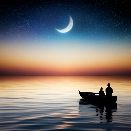 An image showcasing a serene night sky filled with stars and a crescent moon, casting a gentle glow on a calm ocean