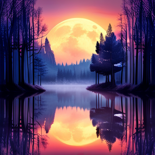 An image of a mysterious forest at dusk, where a lone owl perched on a branch gazes intensely at a moonlit pond, mirroring the reflection of a radiant shooting star