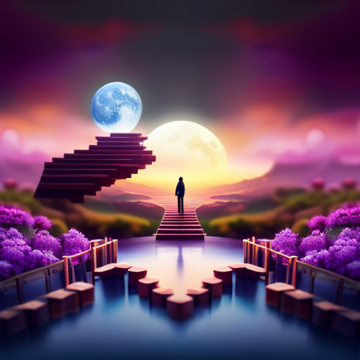 An image featuring a vibrant, ethereal landscape with a variety of symbolic elements like a floating key, a mirror reflecting a moon, and a winding staircase, inviting readers to explore the common types of symbols in dream analysis
