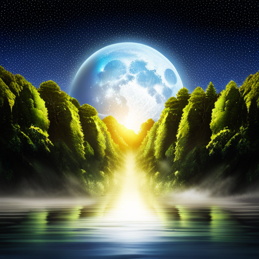 An image depicting a serene moonlit landscape, with a shimmering river flowing through a dense forest