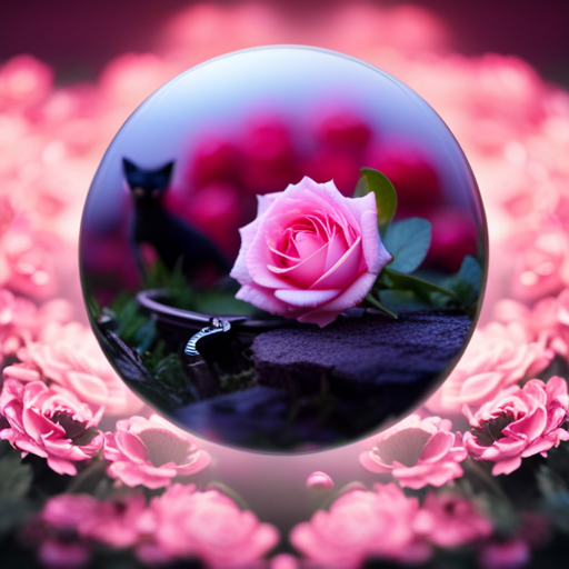 An image of a serene moonlit landscape, where a floating key, a shattered mirror, a black cat, and a blooming rose intertwine, evoking the mysterious symbols often explored in dream analysis