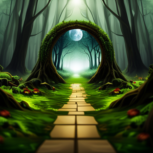 An image showcasing a moonlit forest with a winding path leading to a mysterious door, adorned with intricate keyholes, surrounded by floating feathers, broken mirrors, and a crystal ball atop a moss-covered pedestal