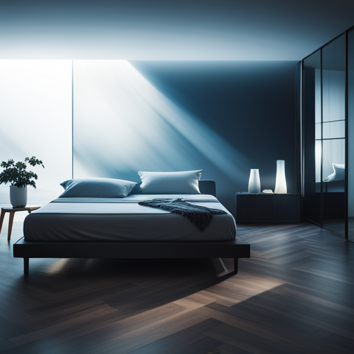 An image of a serene bedroom, where a person lies peacefully on a cloud-like bed, surrounded by a delicate mist