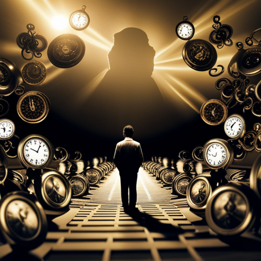 An image featuring a shadowy figure standing on a precipice, surrounded by a swirling sea of clocks, keys, and snakes intertwining with ladders and mirrors, symbolizing the enigmatic interpretations of Freudian dream symbols
