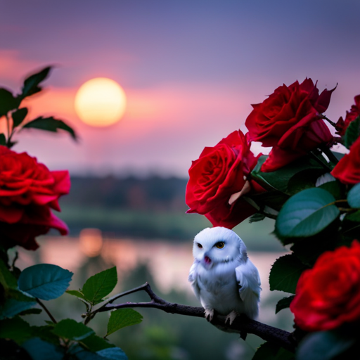 An image of a serene moonlit garden, where a lone white owl perches on a tree branch, surrounded by blooming red roses