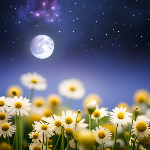 An image showing a serene, moonlit garden where a radiant, golden-hued baby floats above a bed of blooming flowers