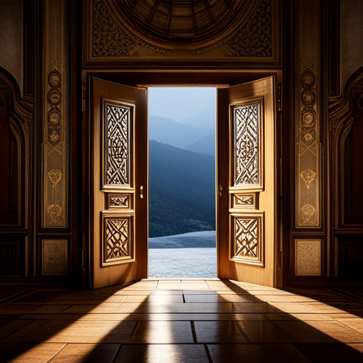 An image of a dimly lit room with a solitary closed door, adorned with intricate carvings and a faint glow seeping through the cracks, inviting curiosity and wonder about the significance of closed doors in prophetic dreams