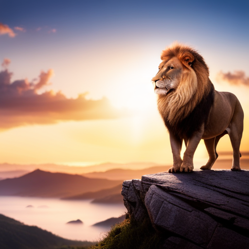 An image showing a majestic lion standing atop a mountain peak at sunset, its golden mane radiating power and confidence, symbolizing strength, courage, and leadership in prophetic dreams