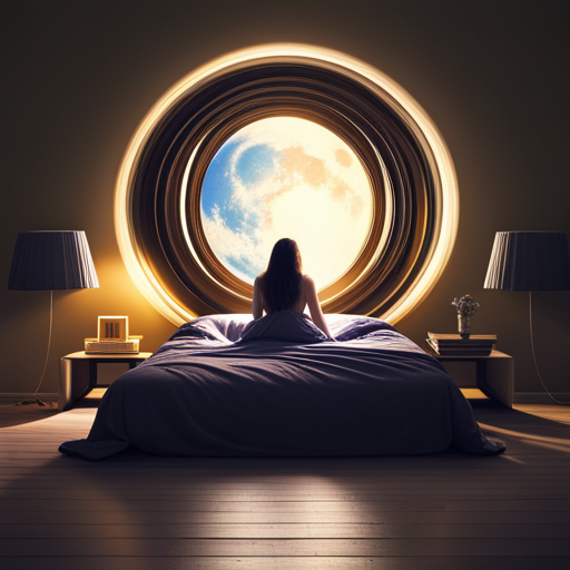 An image depicting a serene moonlit bedroom, where a sleeping figure is surrounded by a whirlwind of vibrant colors, fantastical creatures, and surreal landscapes, symbolizing the depth and intensity of vivid dreams every night