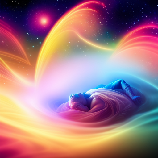 An image showcasing a sleeping figure surrounded by a surreal dreamscape: vibrant colors blend with shimmering stars, fantastical creatures frolic, and swirling patterns symbolize the ethereal realm of vivid dreams