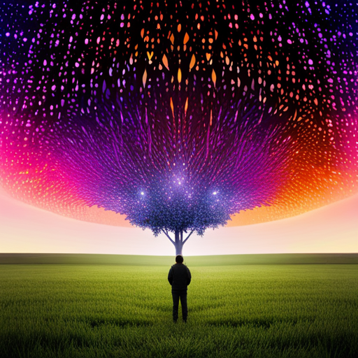 An image of a mystical landscape at twilight, with a lone figure standing beneath a majestic tree adorned with vibrant feathers