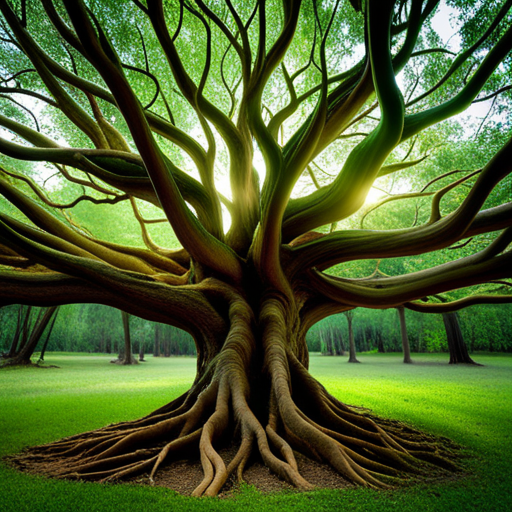 An image featuring a lush, sprawling tree with intricate, intertwining roots stretching deep into the earth