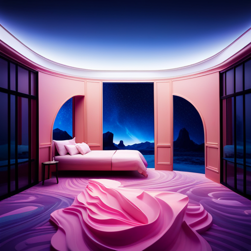 It bedroom scene with a slumbering figure, surrounded by a vibrant dreamscape