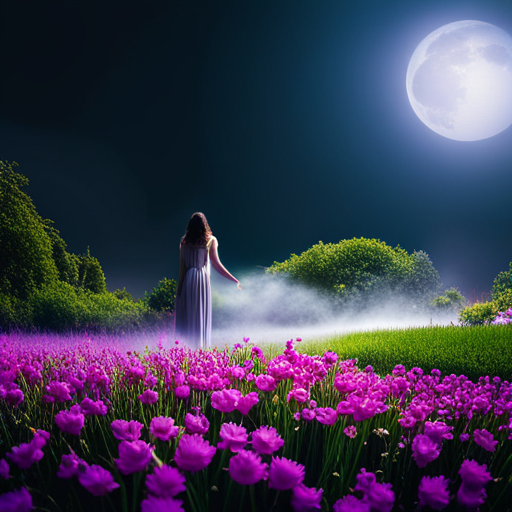 An image showcasing a lush, ethereal garden bathed in moonlight, with vibrant flowers and swirling colors