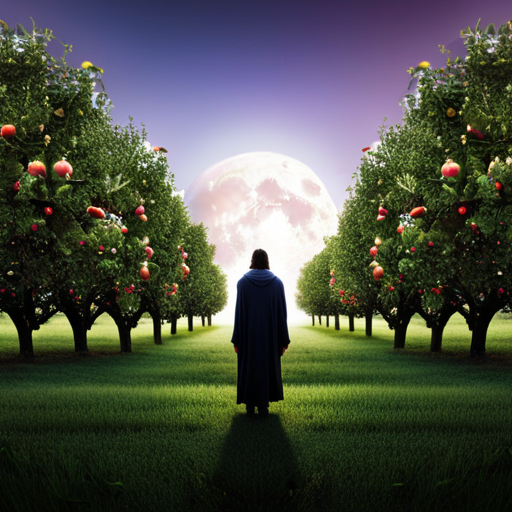 An image depicting a serene moonlit orchard, with lush apple trees bearing luminous fruit