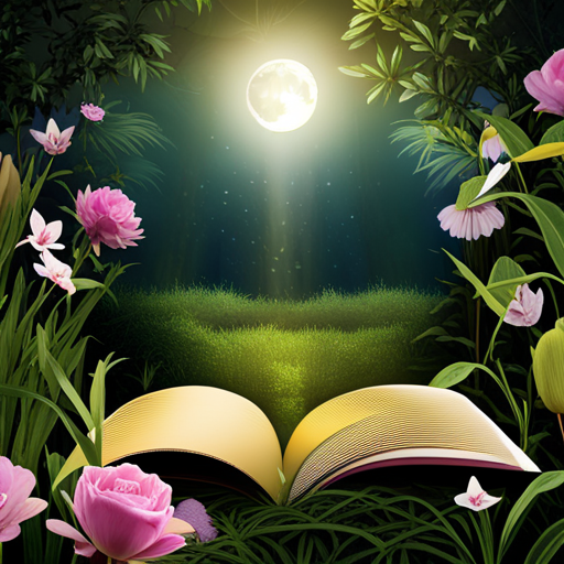 An image depicting an ethereal, moonlit garden with a giant open book adorned with intricate, swirling symbols