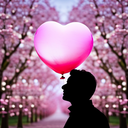 An image showcasing a dreamy setting with a heart-shaped balloon floating above a person's head, surrounded by delicate pink cherry blossom petals, symbolizing the manifestation of a crush's presence in one's dreams