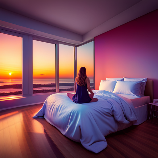 An image of a serene bedroom at dawn, with a woman sitting upright in bed, eyes wide open, surrounded by vibrant, swirling colors representing her vivid prophetic dreams, hinting at the mysteries she's about to uncover